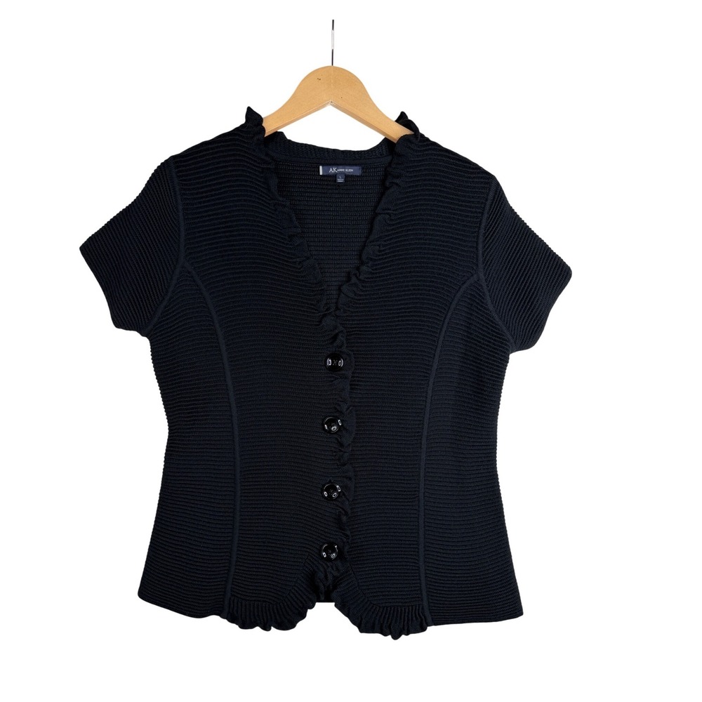 AK Anne Klein‎ Preppy Short Sleeve Button Wool Blend Cardigan size Large Black